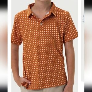 Burlebo Boys Youth Large 10/12 Performance Polo Burnt Orange Texas Micro Print